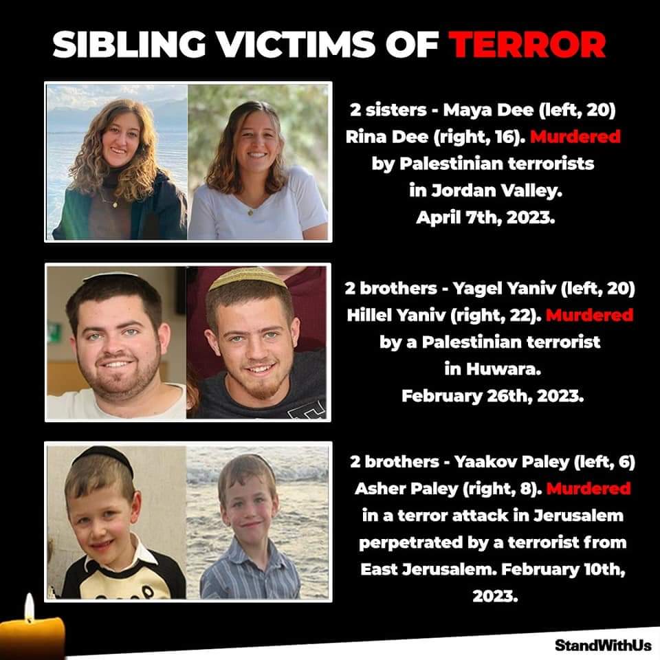 SIBLING VICTIMS OF TERROR 2 sisters - Maya Dee (left, 20) Rina Dee (right, 16). Murdered by Palestinian terrorists in Jordan Valley&bull; April 7th, 2023. 2 brothers - Yagel Yaniv (left, 20) Hillel Yaniv (right, 22). Murdered by a Palestinian terrorist in Huwara. February 26th, 2023. 2 brothers - Yaakov Paley (left, 6) Asher Paley (right, 8). Murdered in a terror attack in Jerusalem perpetrated by a terrorist from East Jerusalem. February 10th, 2023. StandWithUs