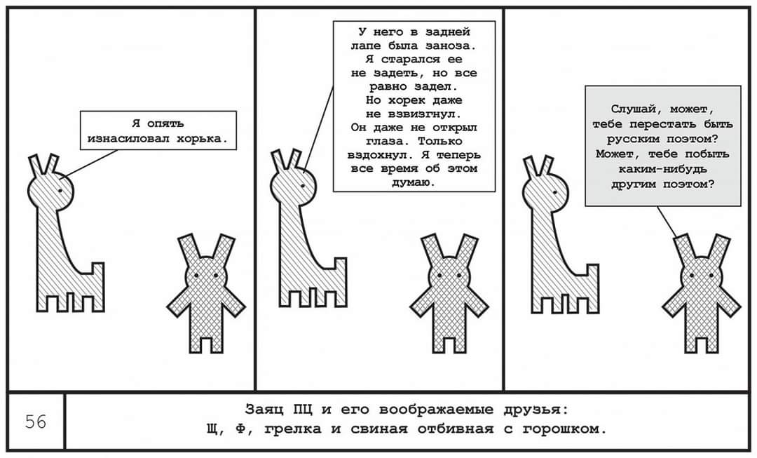 Я опять изнасиловал хорька. У него в задней лапе была заноза. Я старался ее не задеть, но все равно задел. Но хорек даже не взвизгнул. Он даже не открыл глаза. Только вздохнул. Я теперь все время об этом думаю. Слушай, может, тебе перестать быть русским поэтом? Может, тебе побыть каким-нибудь другим поэтом? 56 Заяц ПЦ и его воображаемые друзья: Щ, Ф, грелка и свиная отбивная с горошком.